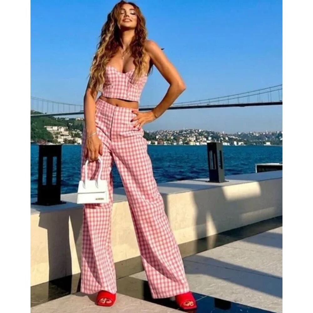 ZARA Full Length Gingham Plaid Wide Leg Pants High Rise Trouser Pink/ White - Picture 2 of 12